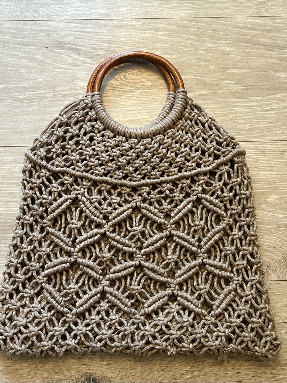 Handwoven Macramé Tote Bag with Wooden Handles - Taupe